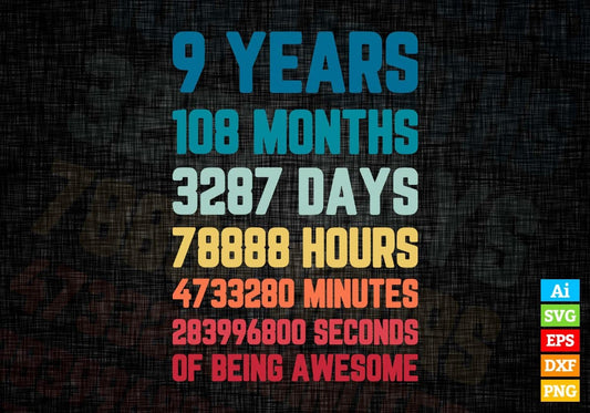 9 Years 108 Months Old Kids Vintage Birthday Editable Vector T-shirt Design Svg Files