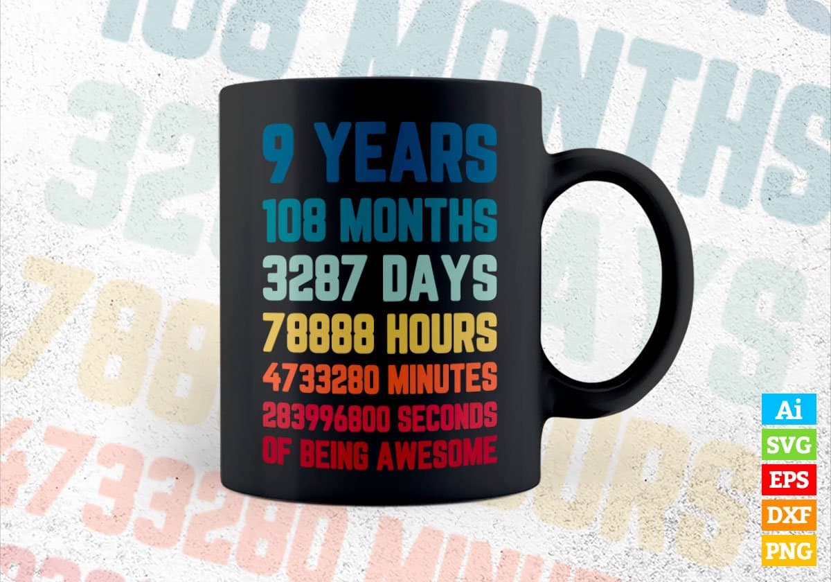 9 Years 108 Months Old Kids Vintage Birthday Editable Vector T-shirt Design Svg Files