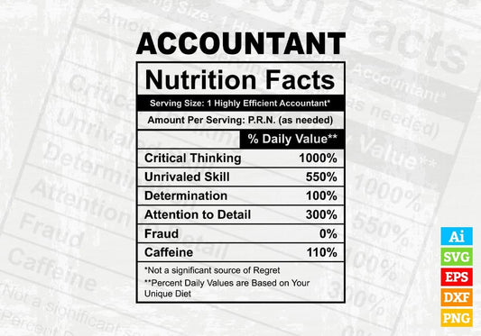 Accountant Nutrition Facts Editable Vector T-shirt Design in Ai Svg Files