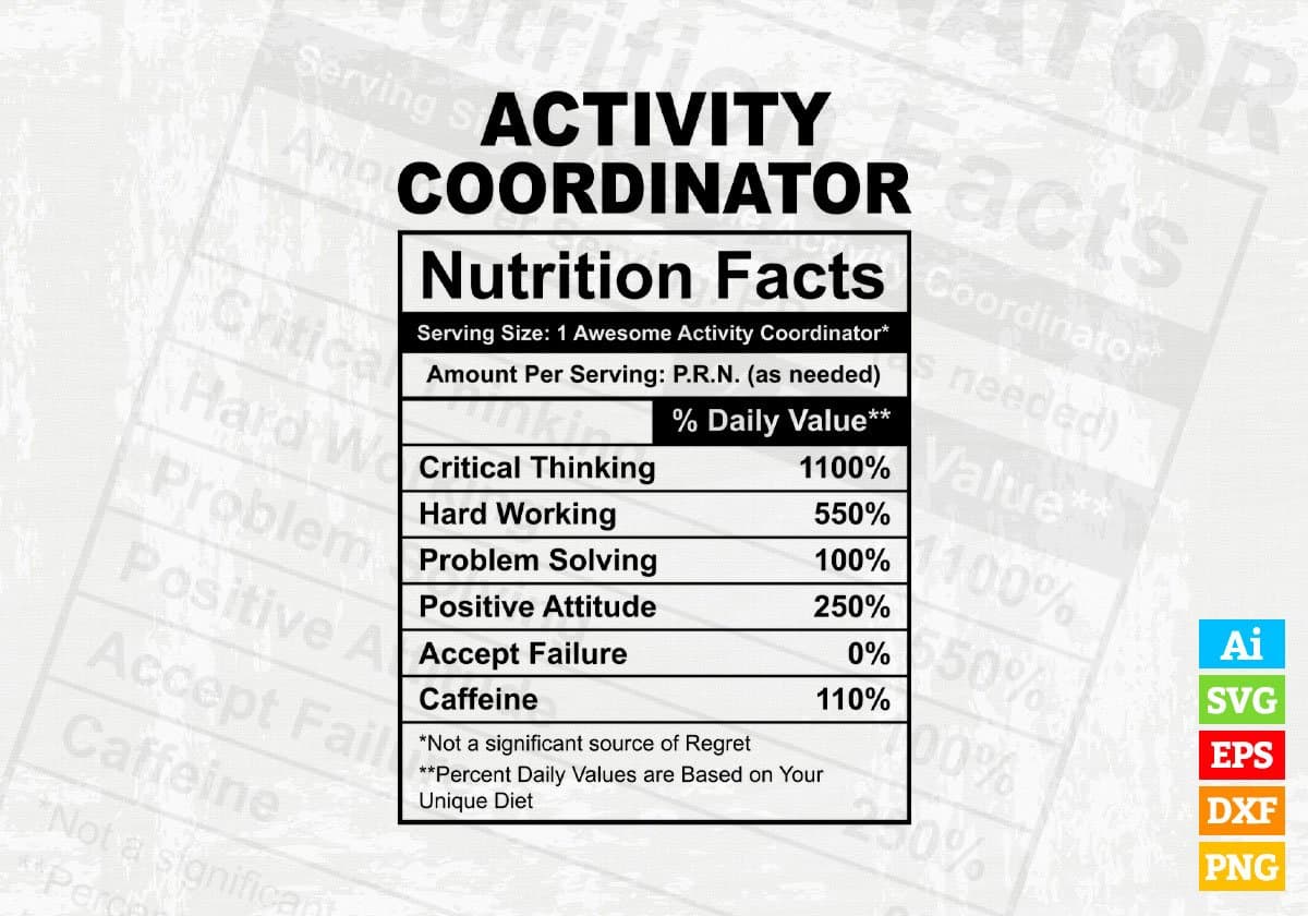 Activity Coordinator Nutrition Facts Editable Vector T-shirt Design in Ai Svg Files
