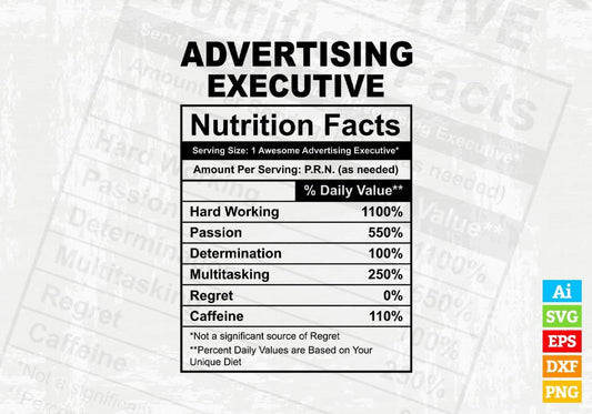 Advertising Executive Nutrition Facts Editable Vector T-shirt Design in Ai Svg Files