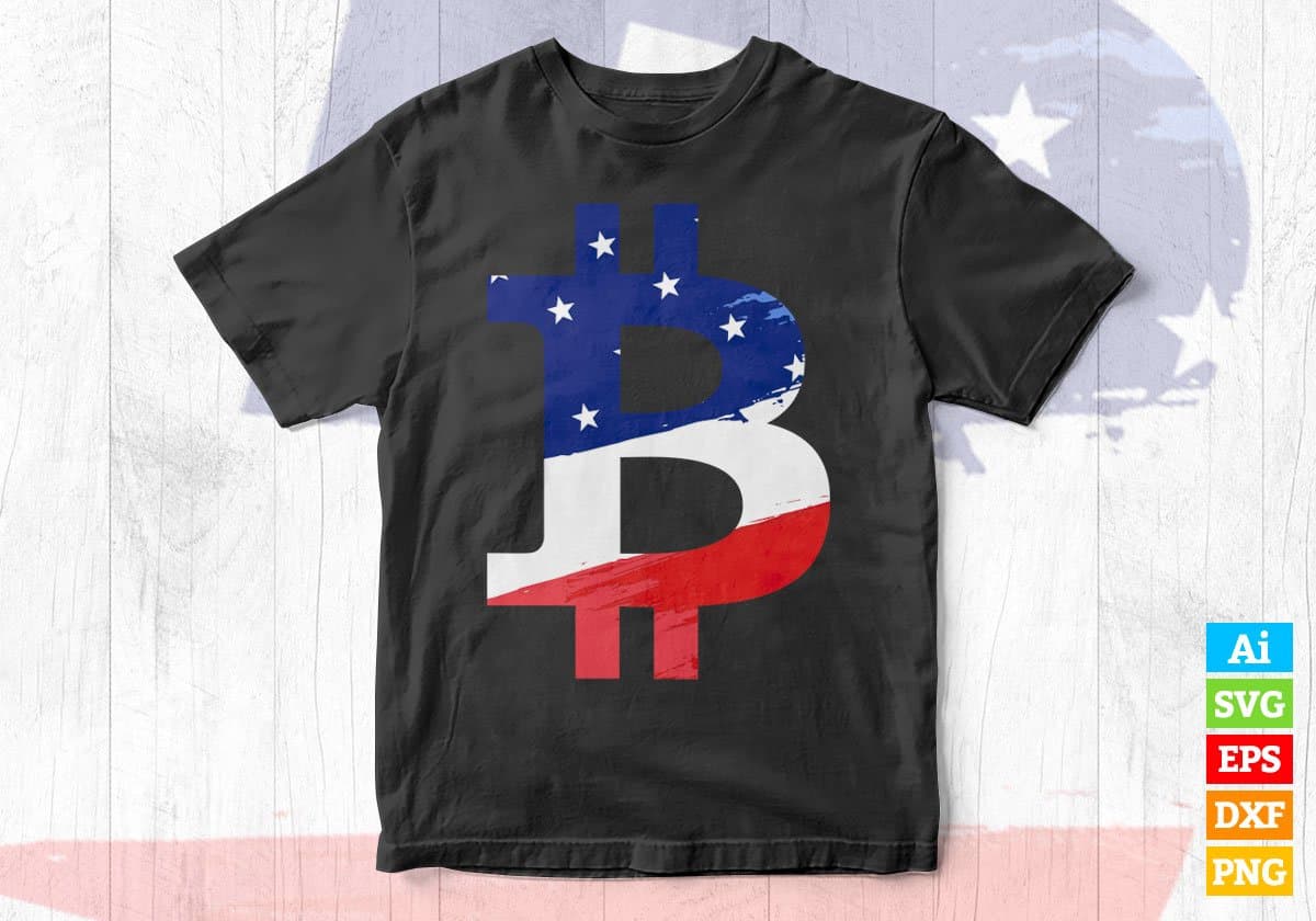 American Flag BTC Crypto Currency Grunge Texture Bitcoin Logo Vector T-shirt Design in Ai Svg Png Printable Files