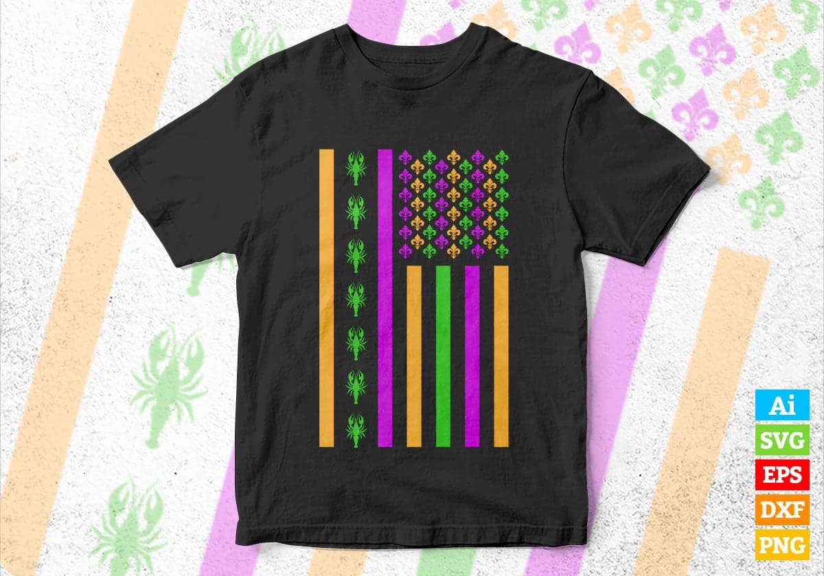 American Flag Mardi Gras Crawfish Outfit Editable Vector T-shirt Design in Ai Svg Png Files