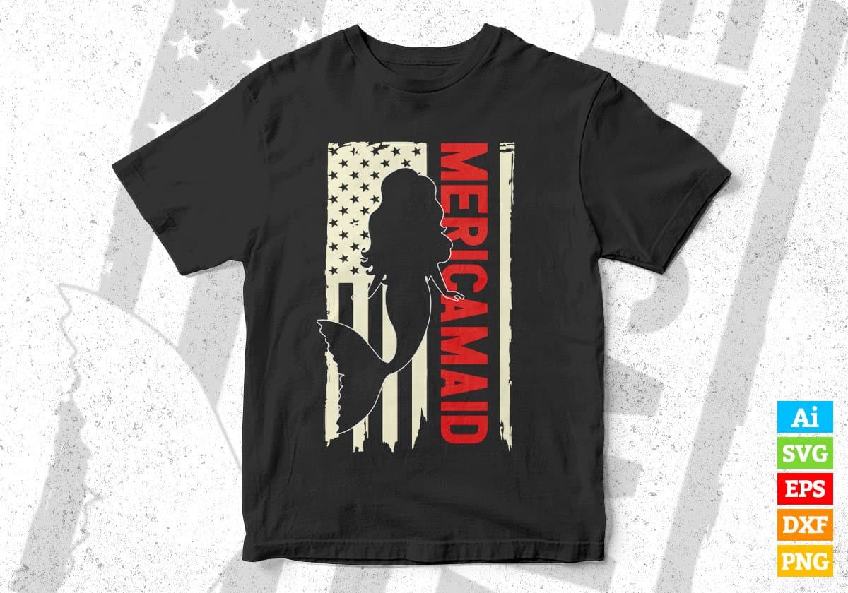 American flag MERICAMAID 4th Of July Editable Vector T shirt Design In Svg Png Printable Files