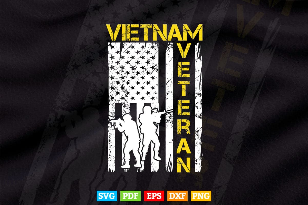 American Flag Vietnam Veteran Yellow Text Distressed Svg T shirt Design.