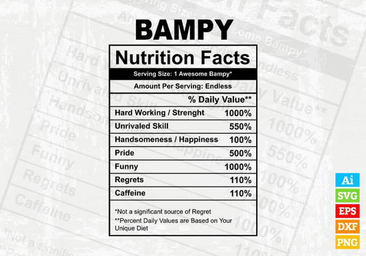 Bampy Nutrition Facts Father's Day Editable Vector T-shirt Design in Ai Svg Files