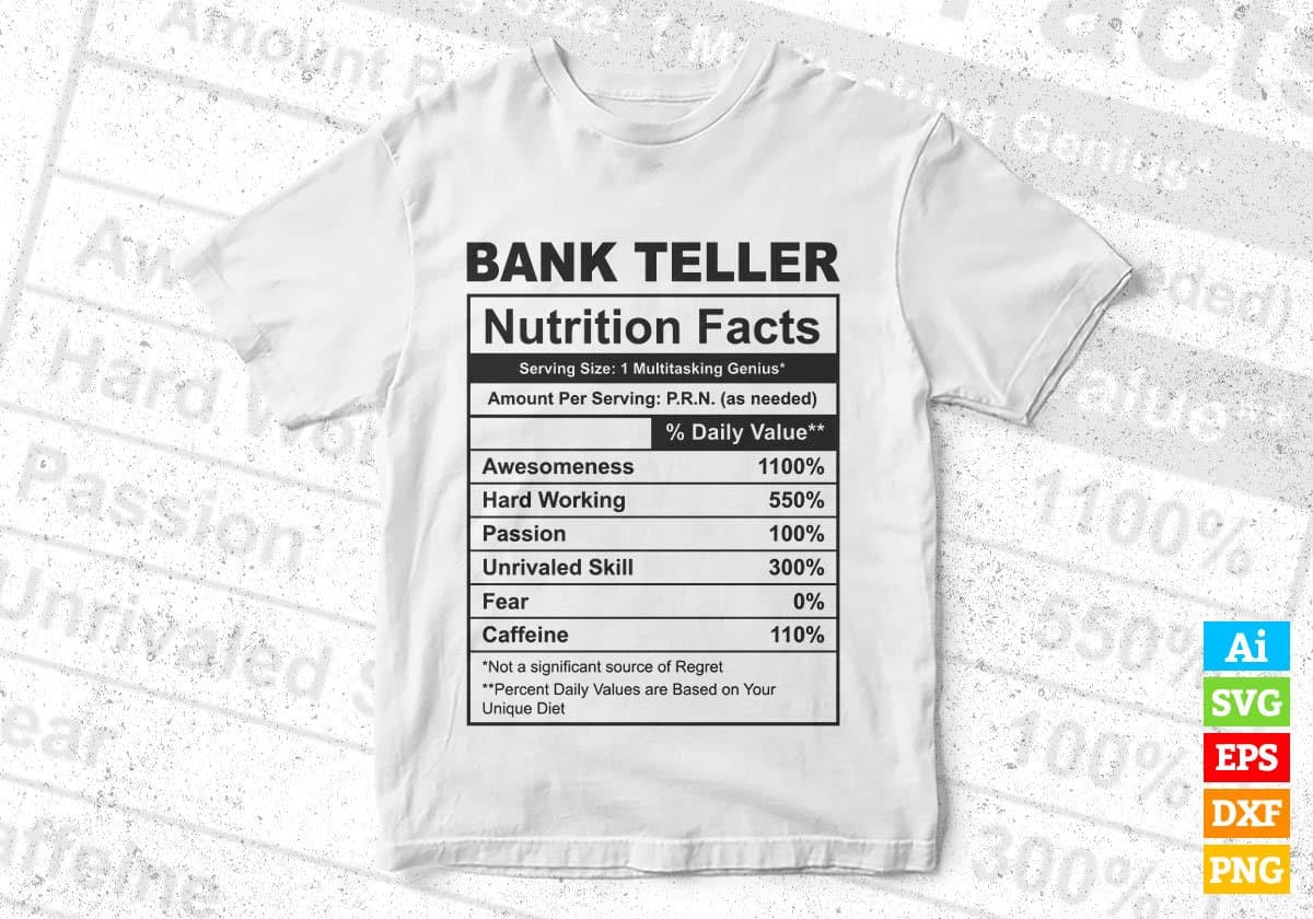 Bank Teller Nutrition Facts Editable Vector T-shirt Design in Ai Svg Files