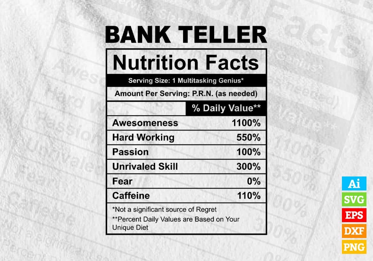 Bank Teller Nutrition Facts Editable Vector T-shirt Design in Ai Svg Files