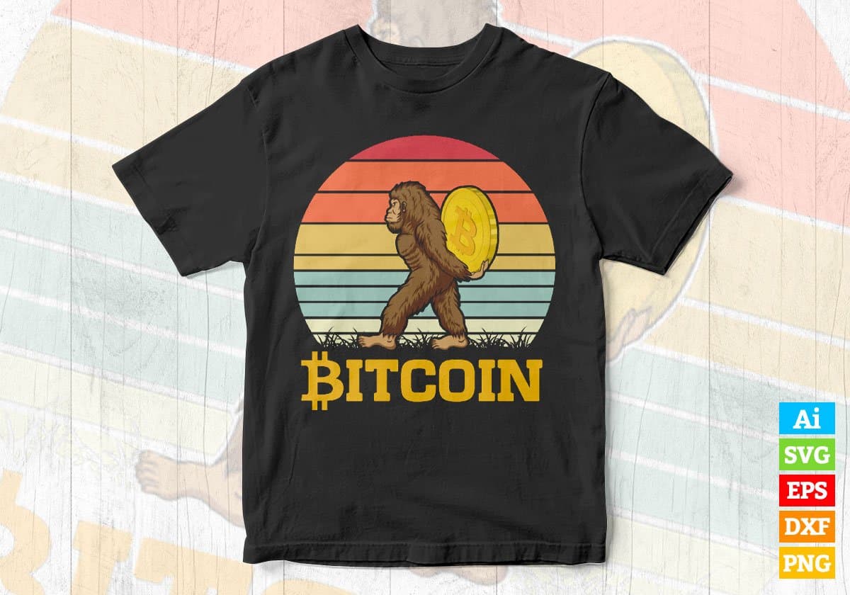 Bigfoot Holing Crypto Btc Bitcoin Vintage Editable Vector T-shirt Design in Ai Svg Files
