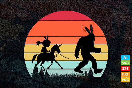 Bigfoot Unicorn Easter Bunny Retro Sunset Funny Vector T shirt Design in Ai Png Svg Files.
