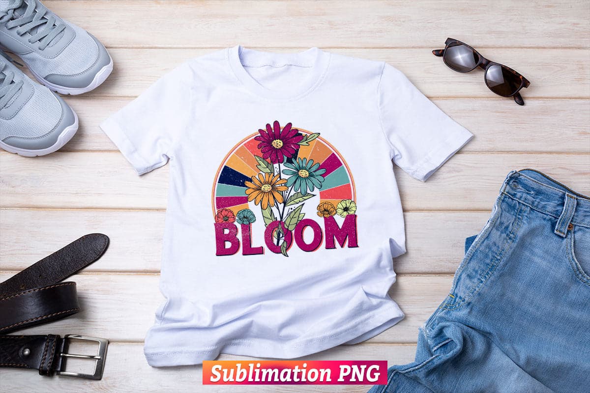 Bloom Rainbow Sunflowers Retro Vintage T shirt Design Png Sublimation Printable Files