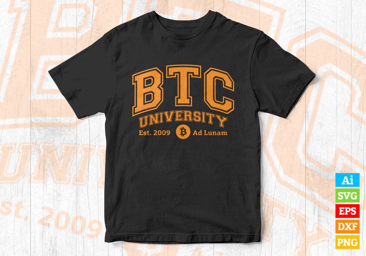 BTC University Distressed Bitcoin College Funny Editable Vector T-shirt Design in Ai Svg Files