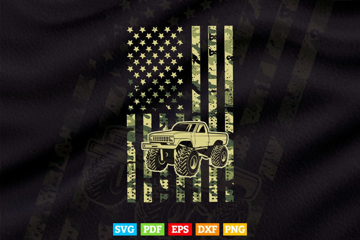 Camo American Flag Monster Truck In Svg T shirt Design.