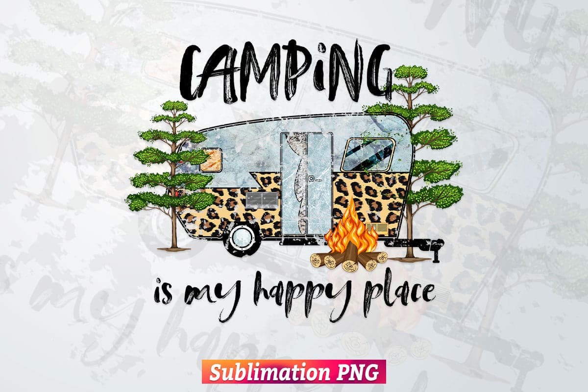 Camping is My Happy Place Outdoors Leopard Camo Adventure T shirt Design Png Sublimation Printable Files