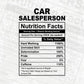 Car Salesperson Nutrition Facts Editable Vector T-shirt Design in Ai Svg Files