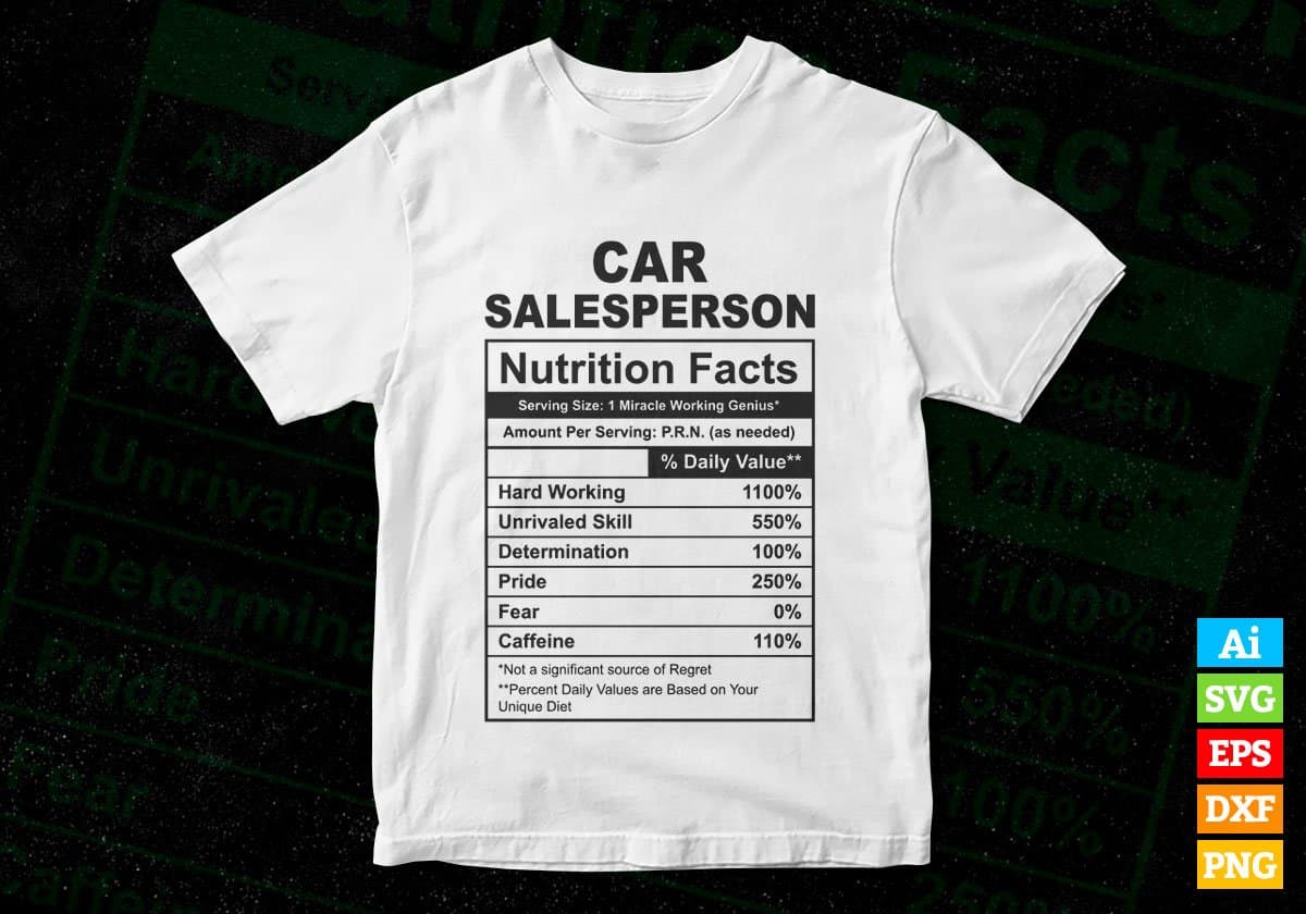 Car Salesperson Nutrition Facts Editable Vector T-shirt Design in Ai Svg Files