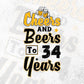 Cheers and Beers To 34 Years Birthday Editable vector T-shirt Design in Ai Svg Files