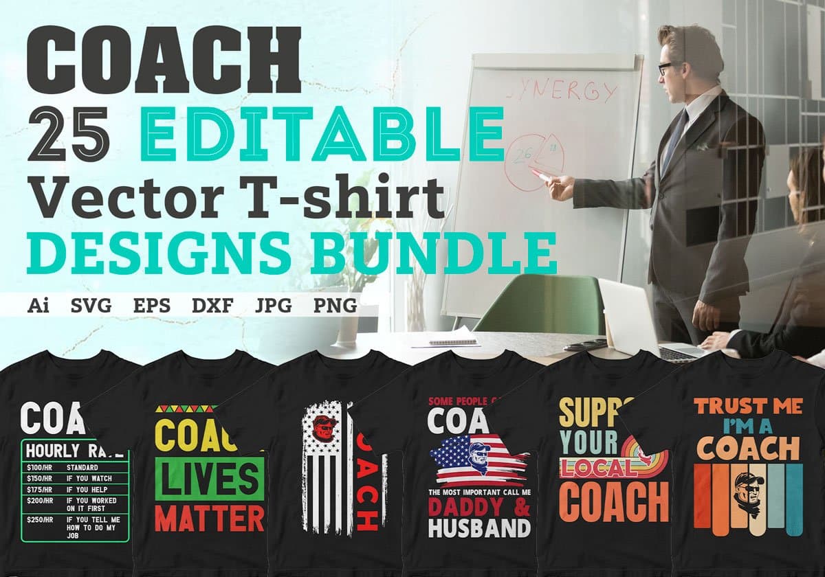 Coach 25 Editable T-shirt Designs Bundle