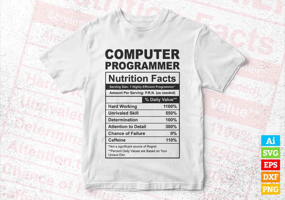 Computer Programmer Nutrition Facts Editable Vector T-shirt Design in Ai Svg Files