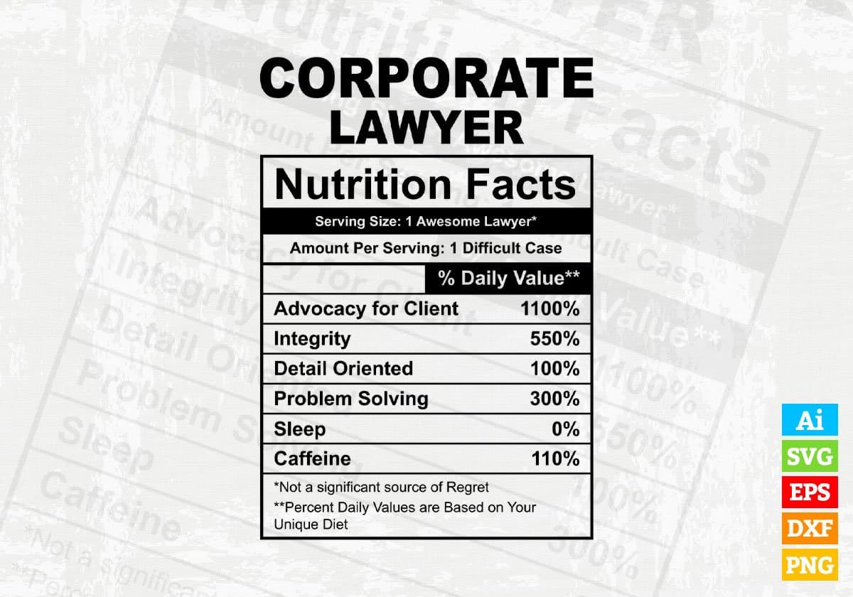 Corporate Lawyer Nutrition Facts Editable Vector T-shirt Design in Ai Svg Files
