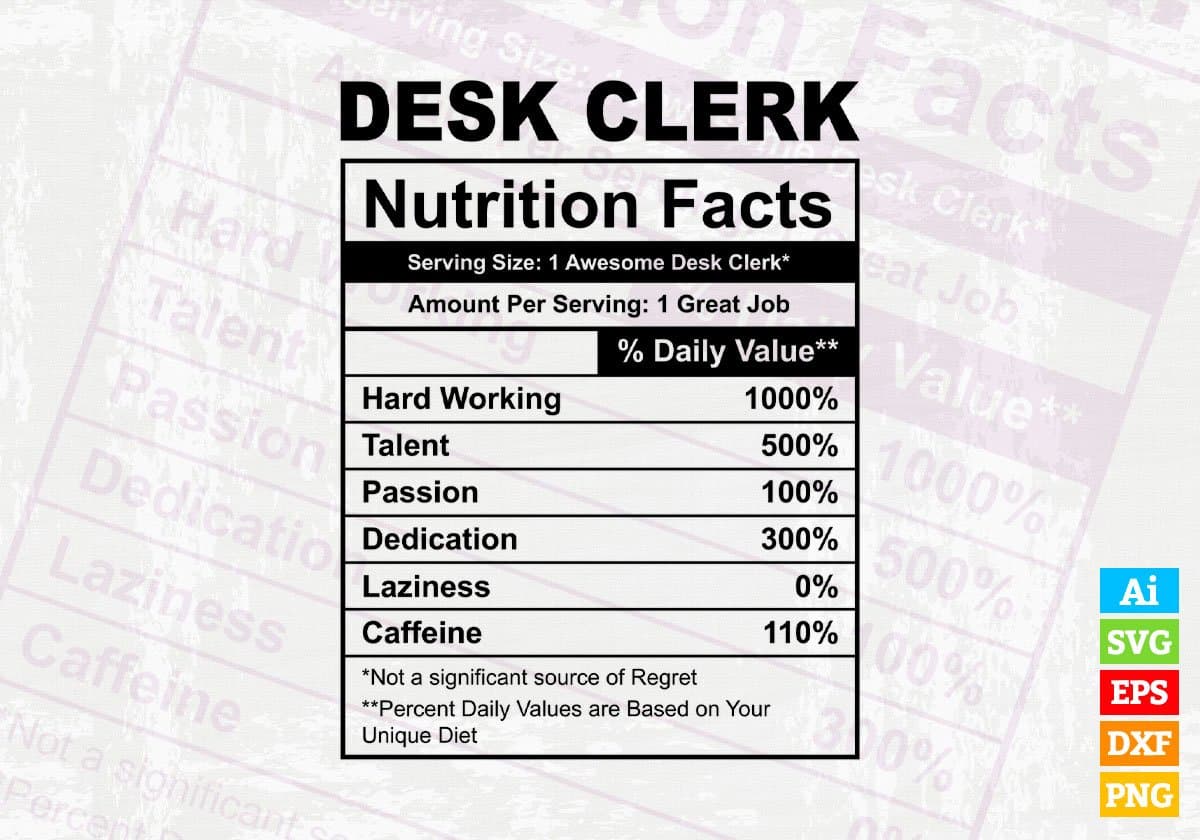 Desk Clerk Nutrition Facts Editable Vector T-shirt Design in Ai Svg Files
