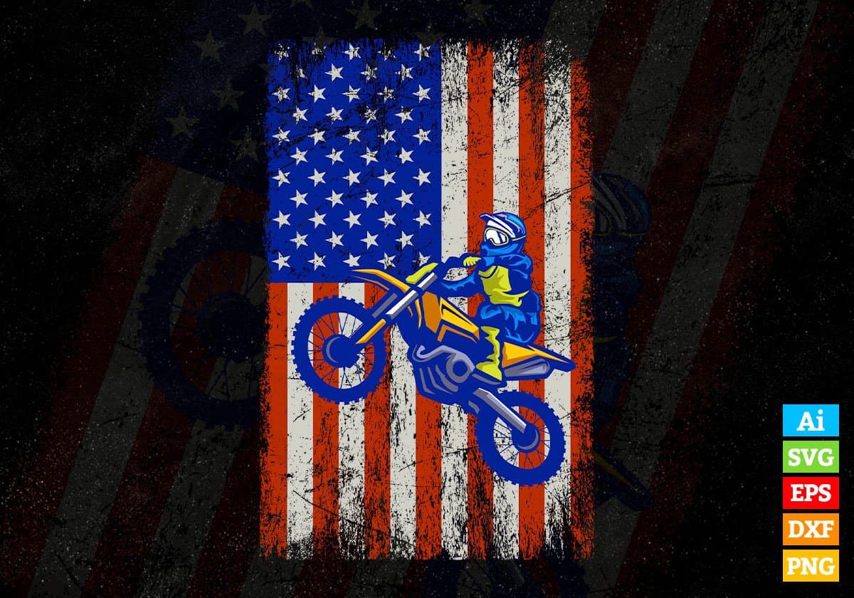 Dirt Bike American Flag 4th Of July Editable Vector T shirt Design In Svg Png Printable Files