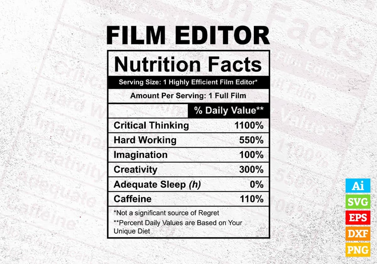 Film Editor Nutrition Facts Editable Vector T-shirt Design in Ai Svg Files