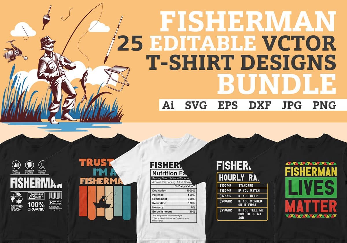 Fisherman 25 editable T-shirt designs bundle