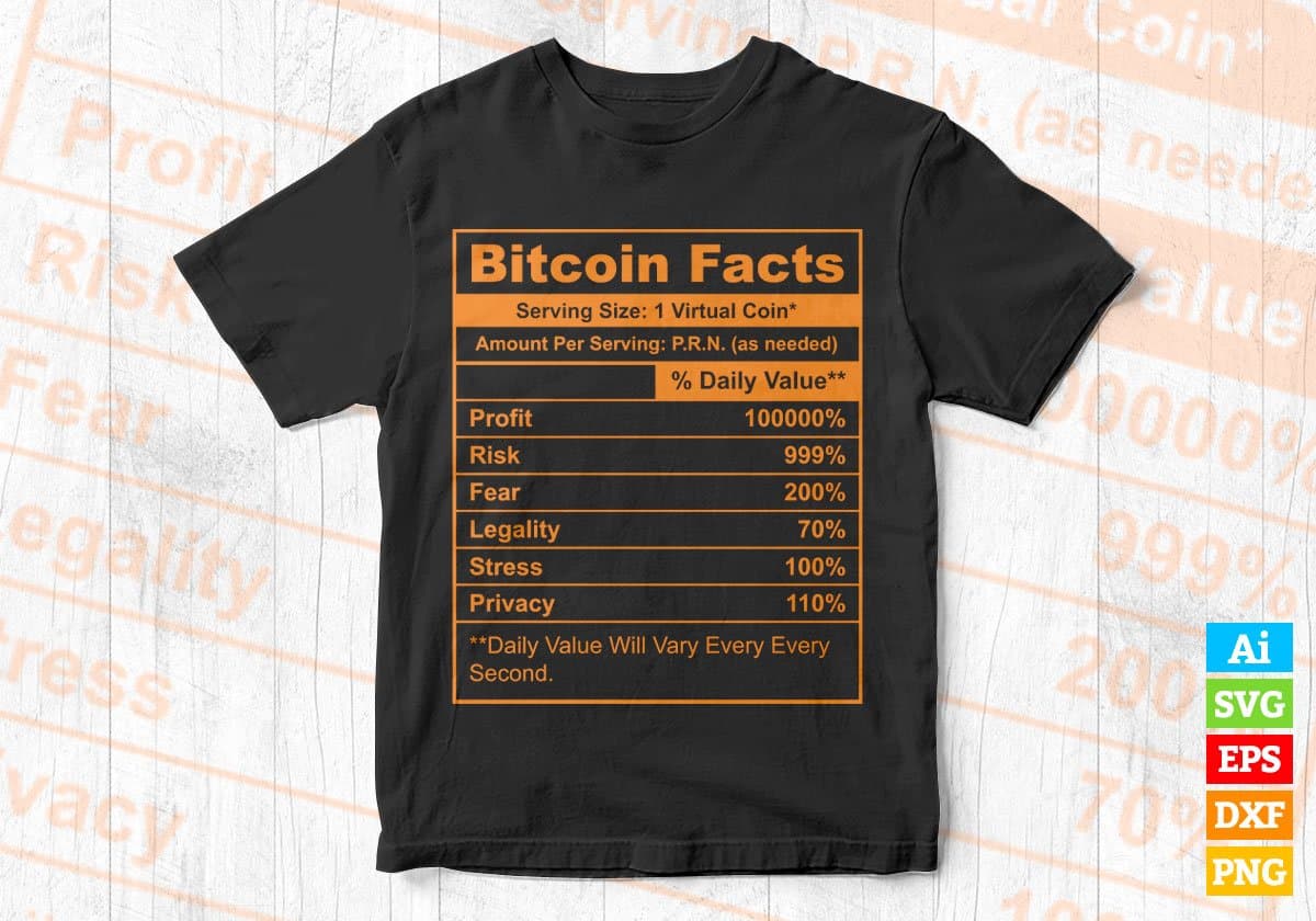 Funny Crypto Btc Bitcoin Nutrition Facts Editable Vector T-shirt Design in Ai Svg Files