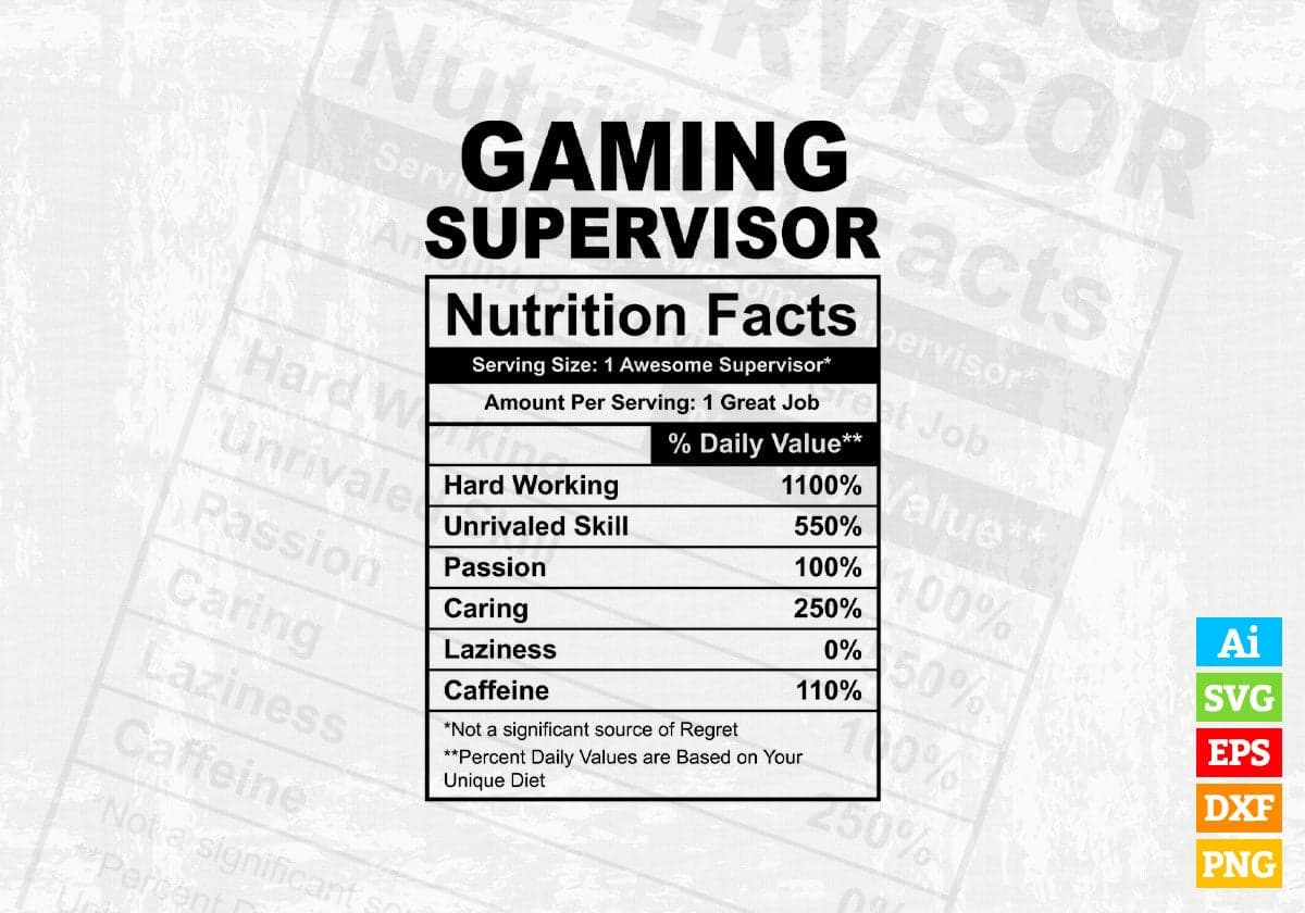 Funny Gaming Supervisor Nutrition Facts Editable Vector T-shirt Design in Ai Svg Png Files