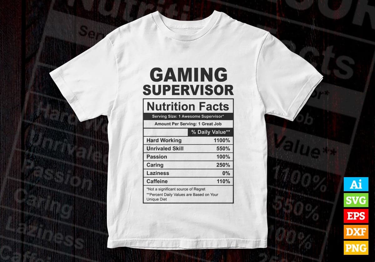 Funny Gaming Supervisor Nutrition Facts Editable Vector T-shirt Design in Ai Svg Png Files