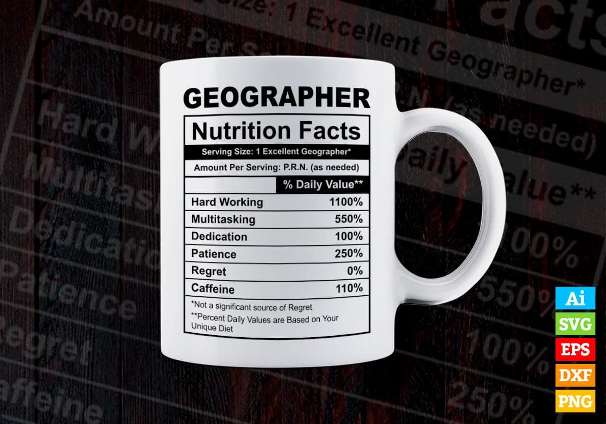 Funny Geographer Nutrition Facts Editable Vector T-shirt Design in Ai Svg Png Files