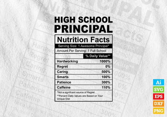 Funny High School Principal Nutrition Facts Editable Vector T-shirt Design in Ai Svg Png Files