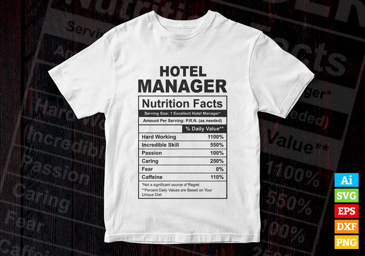 Funny Hotel Manager Nutrition Facts Editable Vector T-shirt Design in Ai Svg Png Files