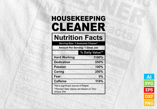 Funny Housekeeping Cleaner Nutrition Facts Editable Vector T-shirt Design in Ai Svg Png Files