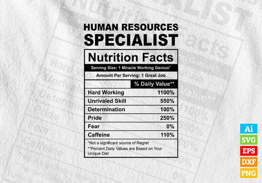 Funny Human Resources Specialist Nutrition Facts Editable Vector T-shirt Design in Ai Svg Png Files