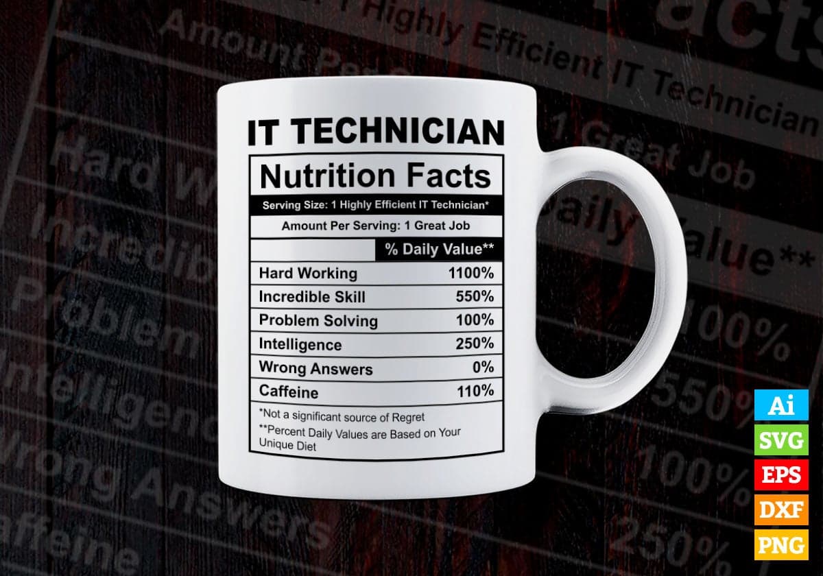 Funny It Technician Nutrition Facts Editable Vector T-shirt Design in Ai Svg Png Files