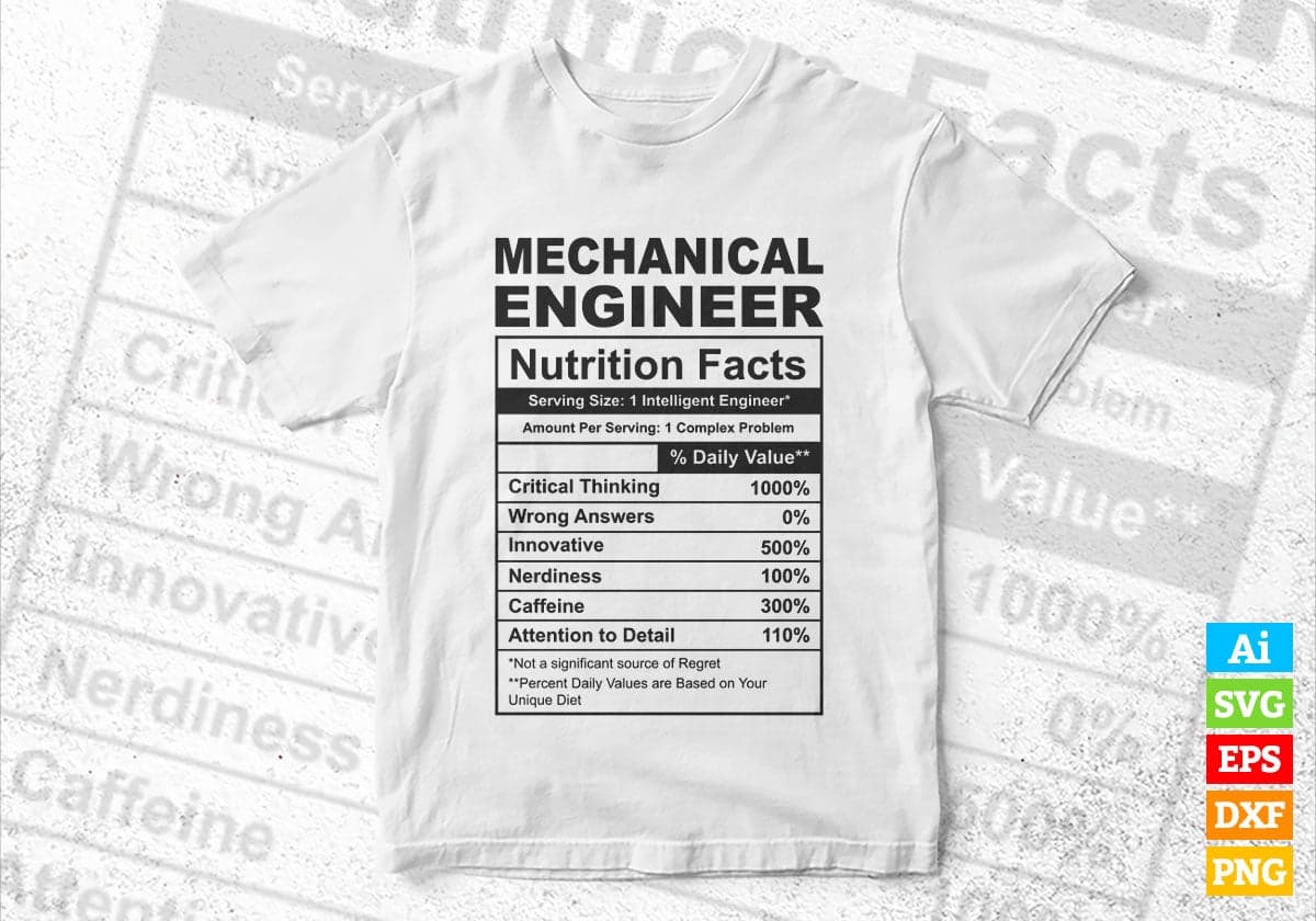 Funny Mechanical Engineer Nutrition Facts Editable Vector T-shirt Design in Ai Svg Png Files