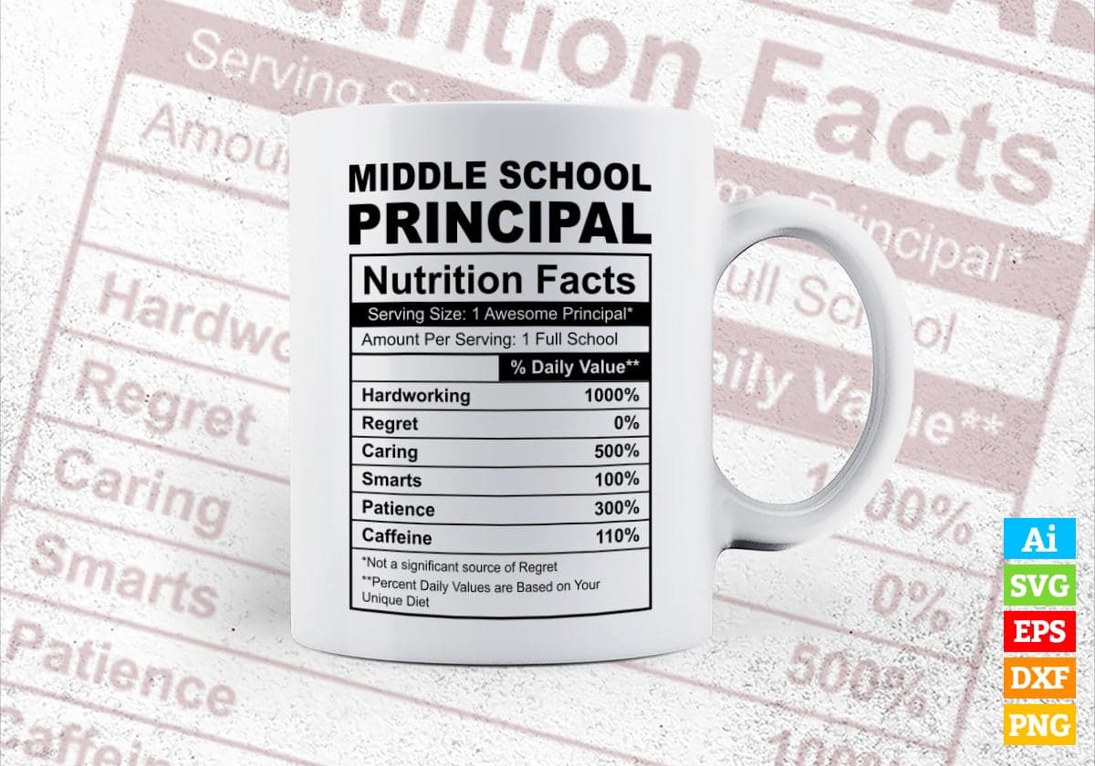 Funny Middle School Principal Nutrition Facts Editable Vector T-shirt Design in Ai Svg Png Files