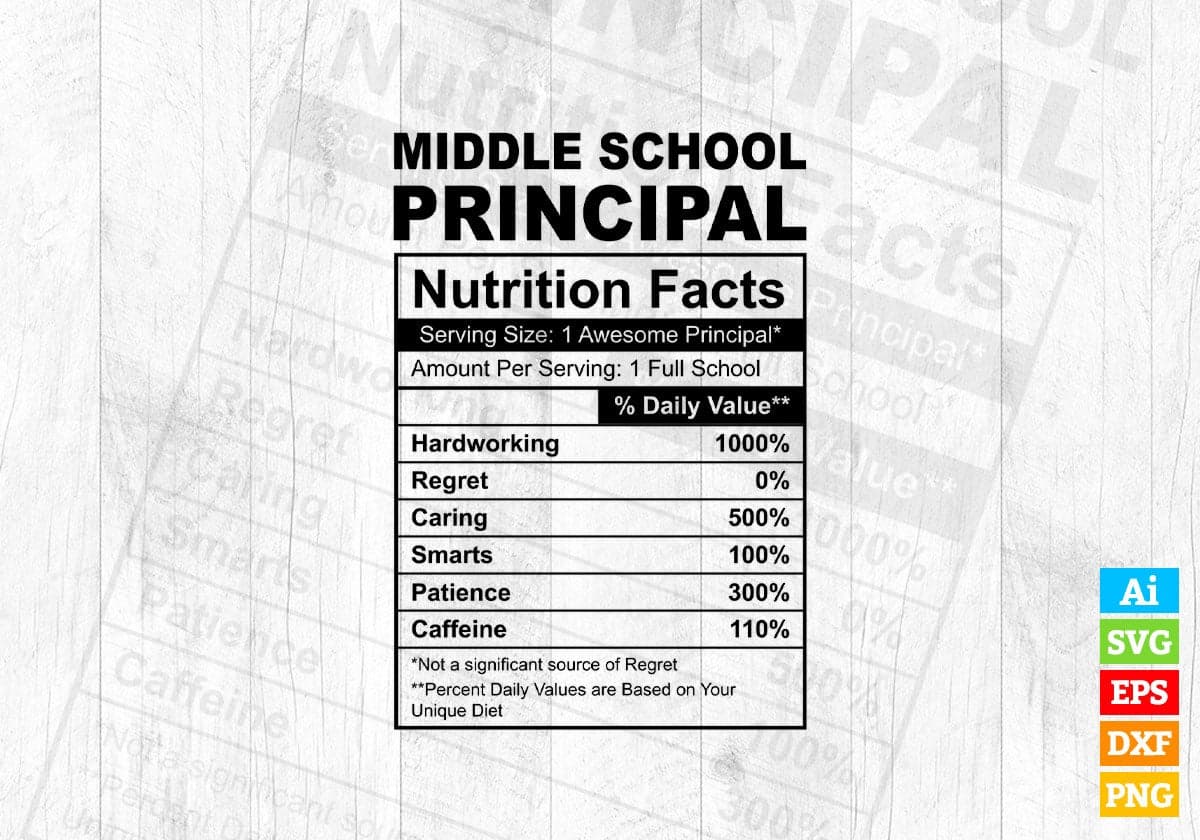 Funny Middle School Principal Nutrition Facts Editable Vector T-shirt Design in Ai Svg Png Files