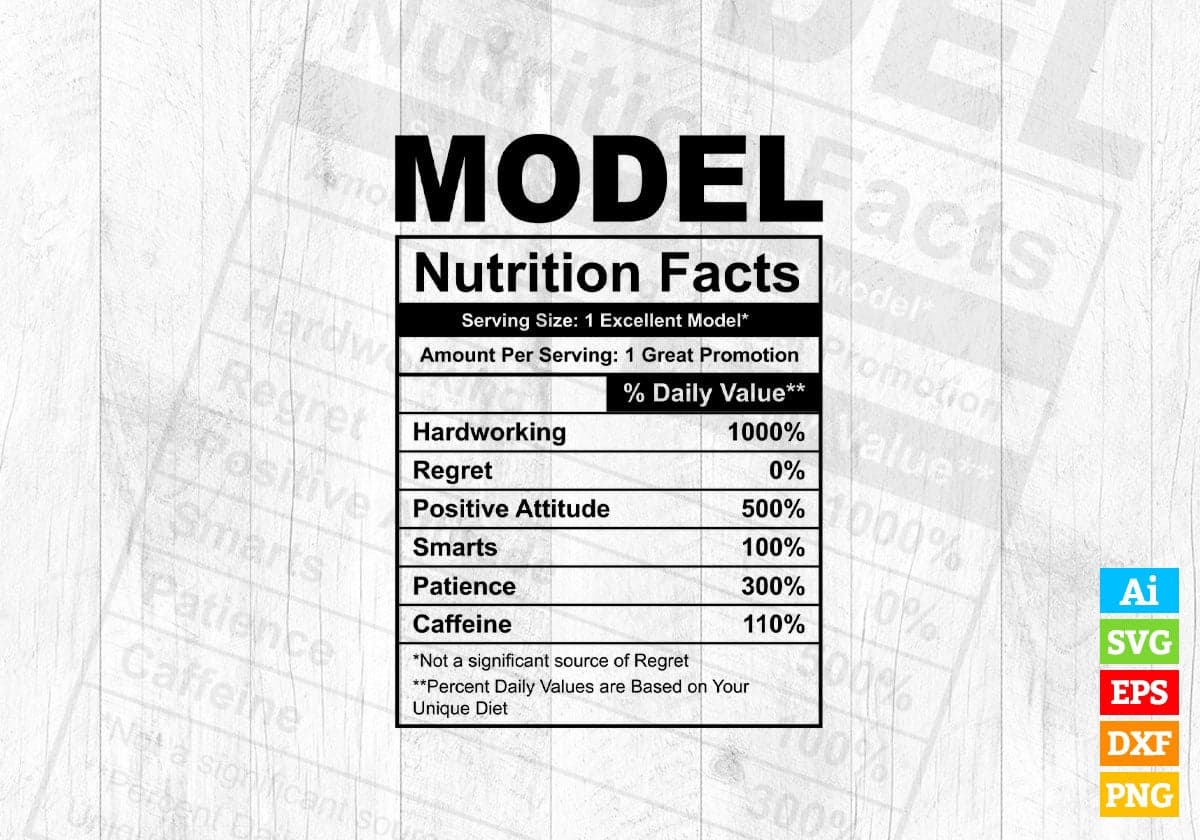 Funny Model Nutrition Facts Editable Vector T-shirt Design in Ai Svg Png Files