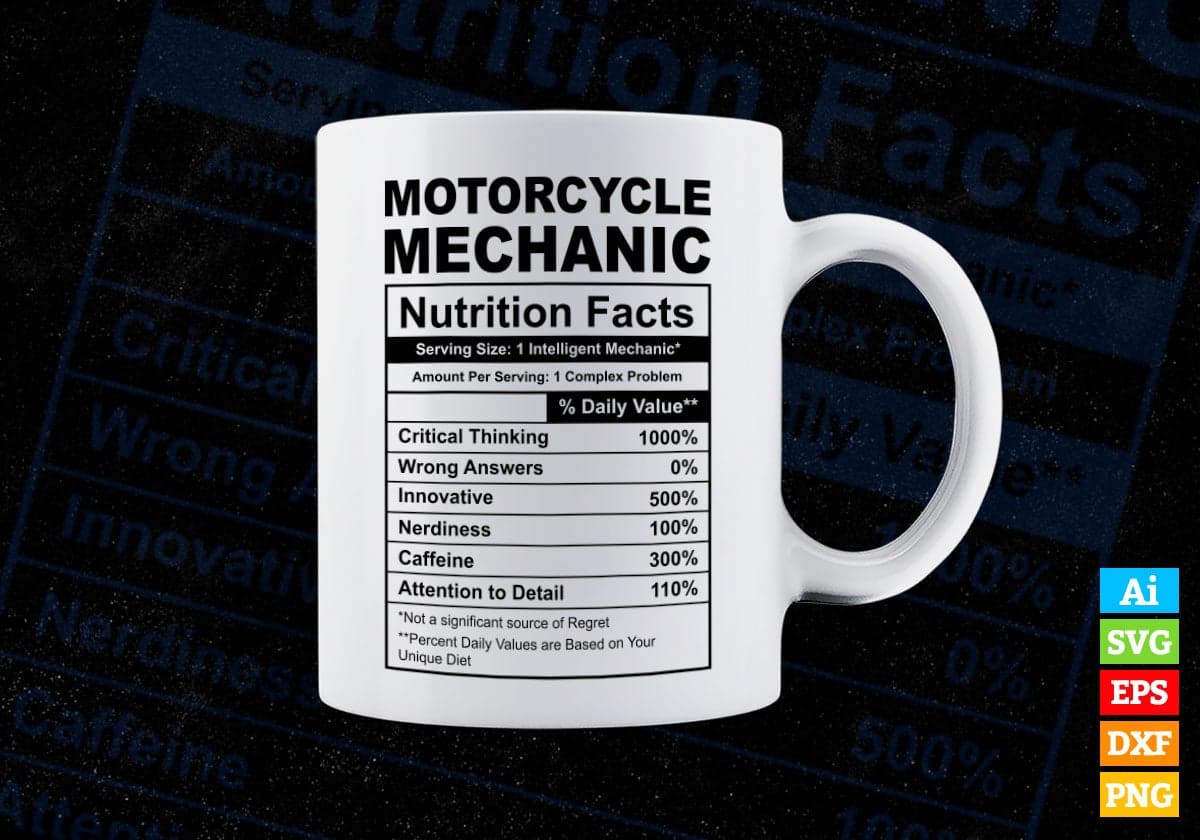 Funny Motorcycle Mechanic Nutrition Facts Editable Vector T-shirt Design in Ai Svg Png Files
