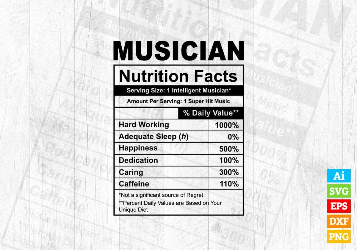 Funny Musician Nutrition Facts Editable Vector T-shirt Design in Ai Svg Png Files