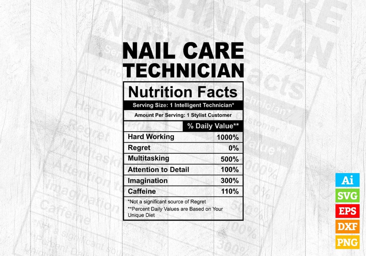 Funny Nail Care Technician Nutrition Facts Editable Vector T-shirt Design in Ai Svg Png Files