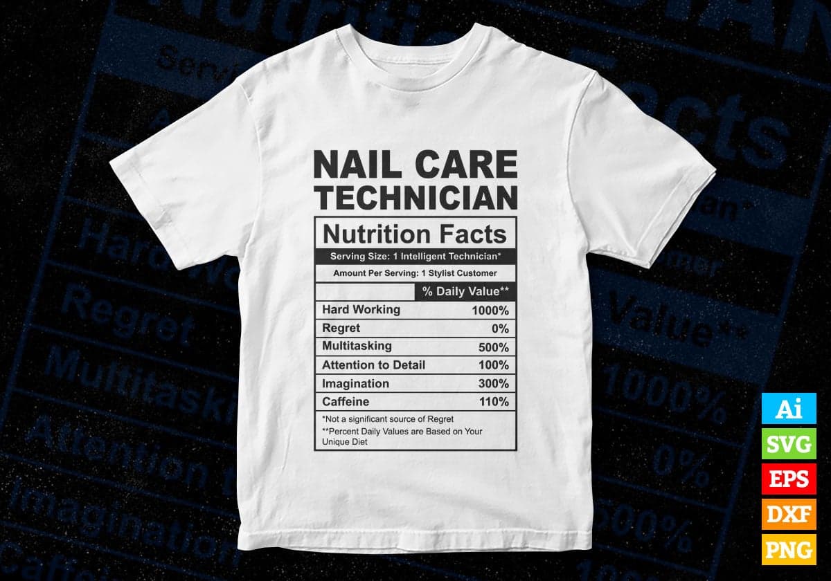 Funny Nail Care Technician Nutrition Facts Editable Vector T-shirt Design in Ai Svg Png Files