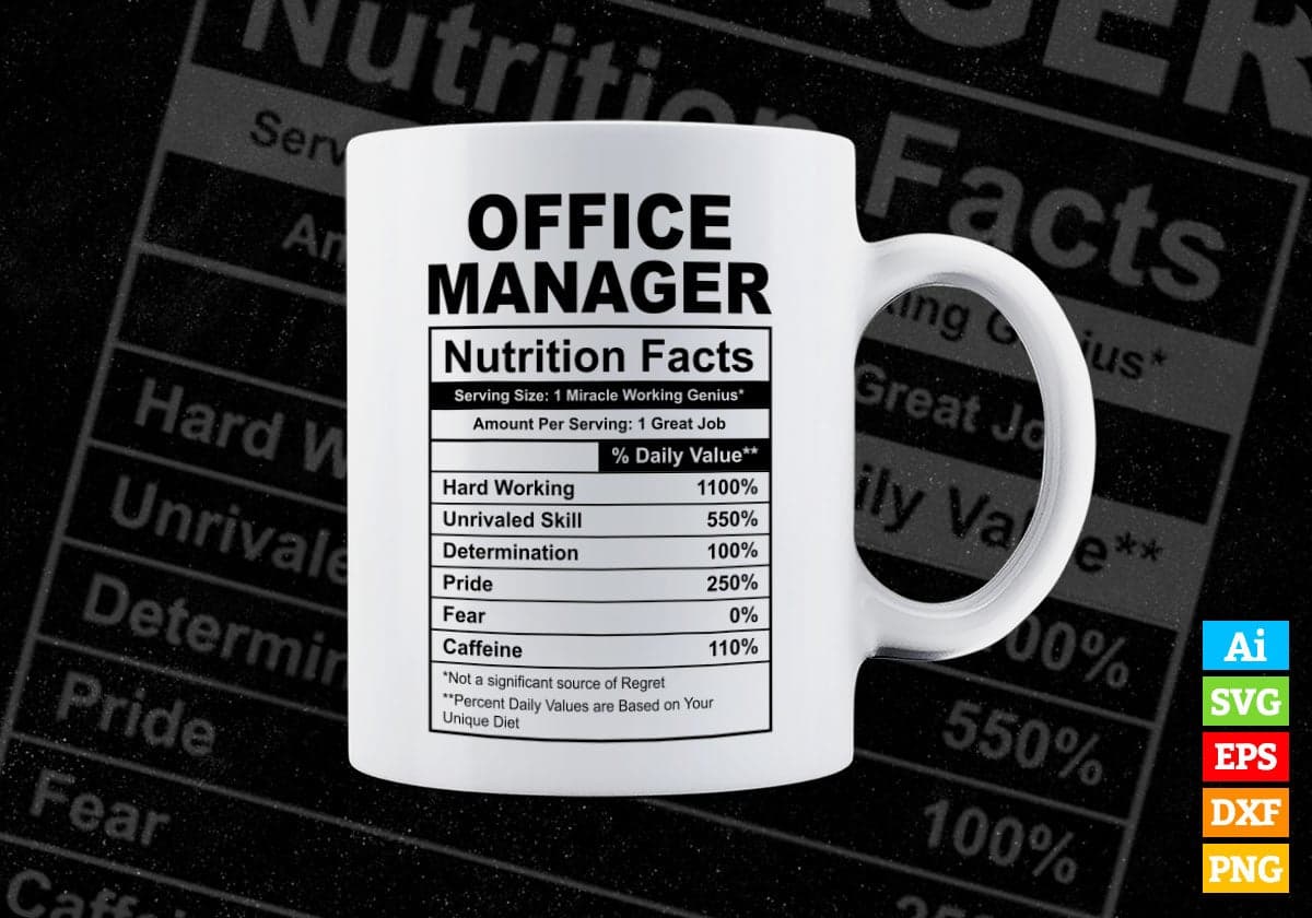 Funny Office Manager Nutrition Facts Editable Vector T-shirt Design in Ai Svg Png Files