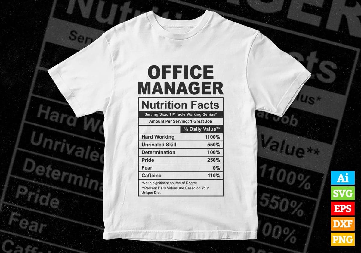 Funny Office Manager Nutrition Facts Editable Vector T-shirt Design in Ai Svg Png Files