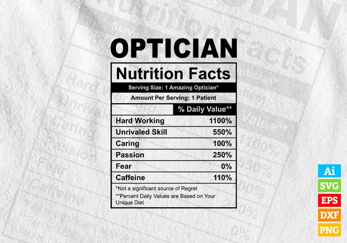 Funny Optician Nutrition Facts Editable Vector T-shirt Design in Ai Svg Png Files