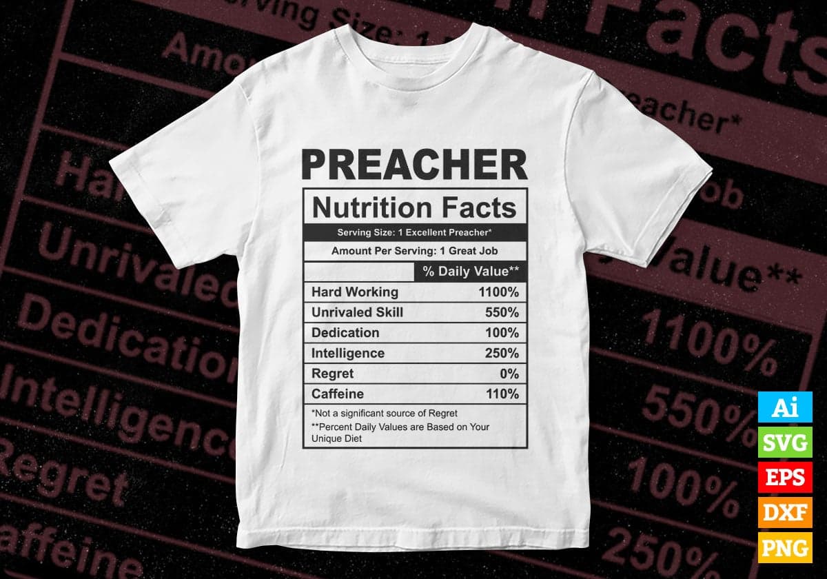 Funny Preacher Nutrition Facts Editable Vector T-shirt Design in Ai Svg Png Files