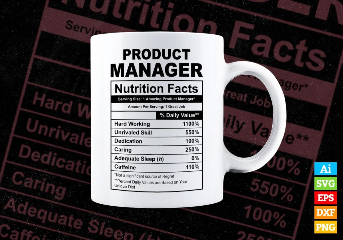 Funny Product Manager Nutrition Facts Editable Vector T-shirt Design in Ai Svg Png Files